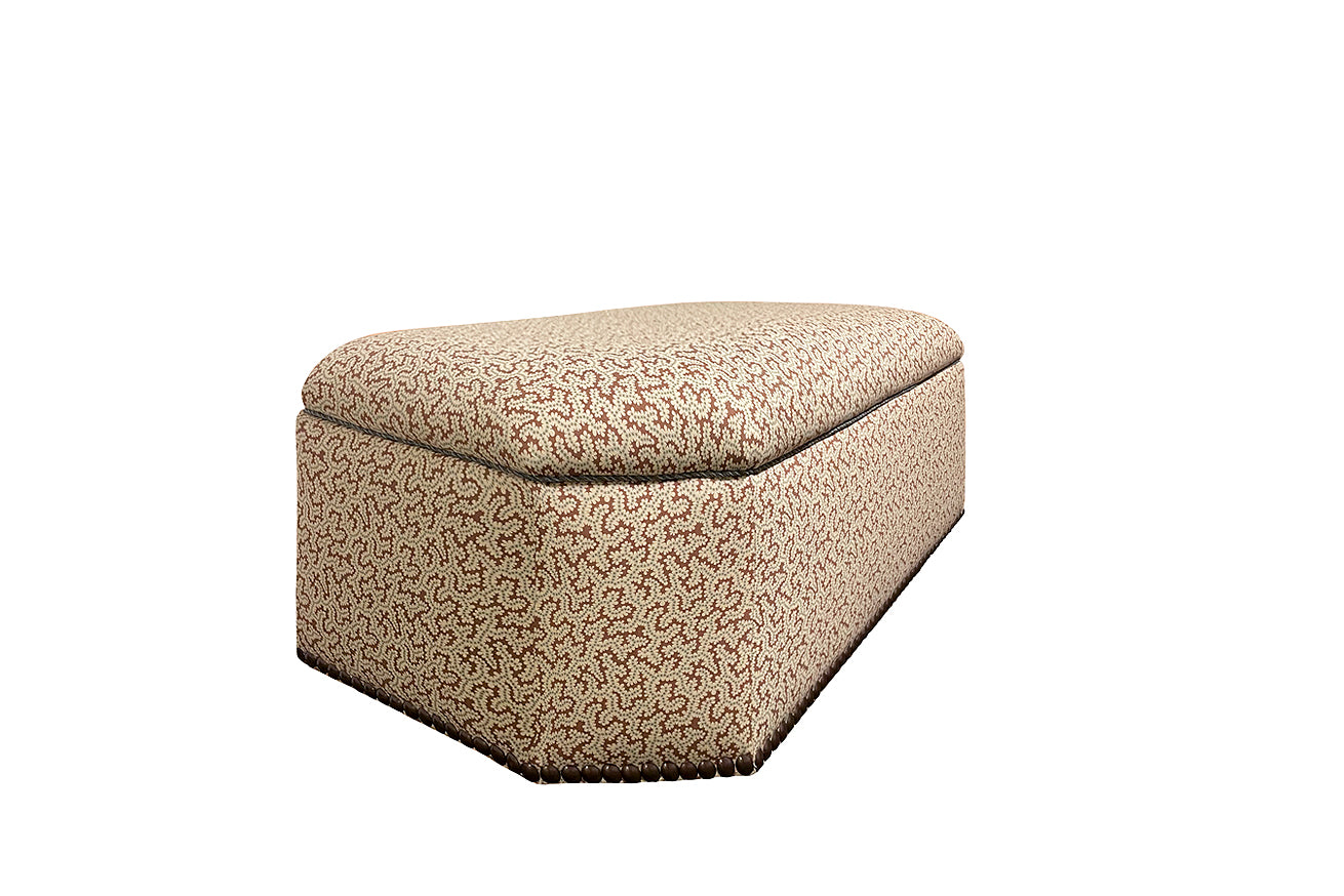 David Seyfried Arlington Stool in Ian Sanderson Elney Chocolate fabric and a single row of large antiqued brass nails around base. Side view
