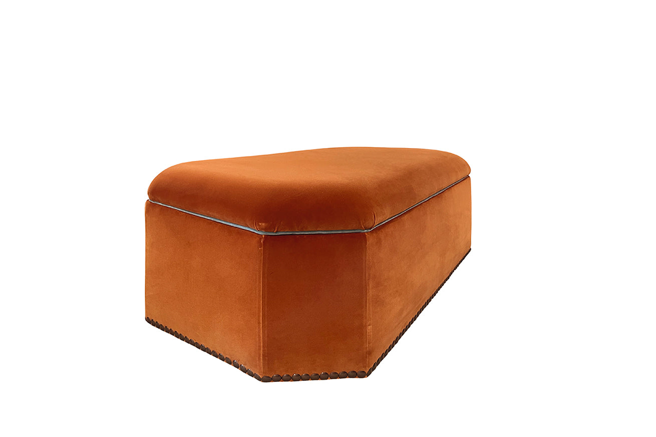 David Seyfried Arlington Stool in Manuel Canovas Rivoli Cuivre Velvet with James Hare Beauchamp Fontainbleu Velvet piping and a single row of large antiqued brass nails around base. Side view