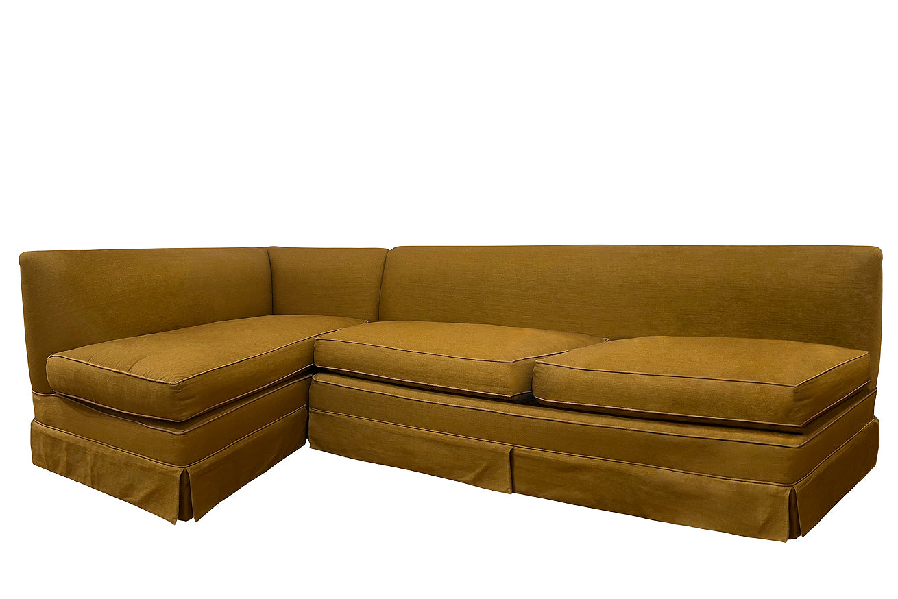 David Seyfried Belgrave Corner Unit Sofa in Charles Burger Toile Sauvageonne Noisette fabric with Turnell & Gigon flanged cord. Showroom Clearance.
