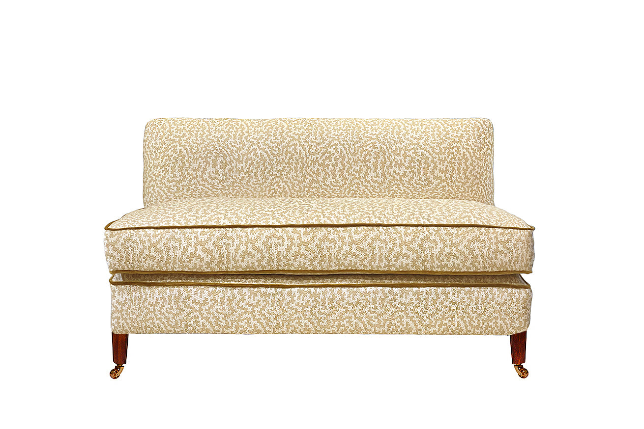 David Seyfried Belgrave Sofa in Sanderson Truffle Wheat fabric with Zoffany Quartz Velvet Camel piping.