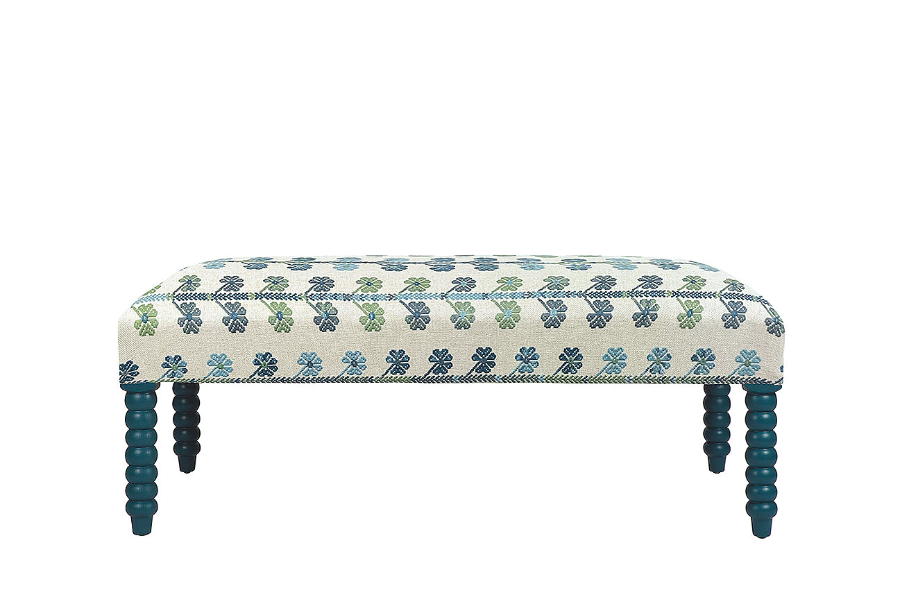 David Seyfried Bobbin Leg Stool in Casa Lopez Coup de Chance Blue Green fabric with Little Greene Goblin painted legs. Showroom Clearance.