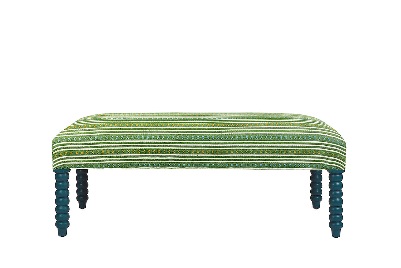 David Seyfried Bobbin Leg Stool in Christopher Farr Criss Cross Green fabric with Little Greene Goblin painted legs. Showroom Clearance.