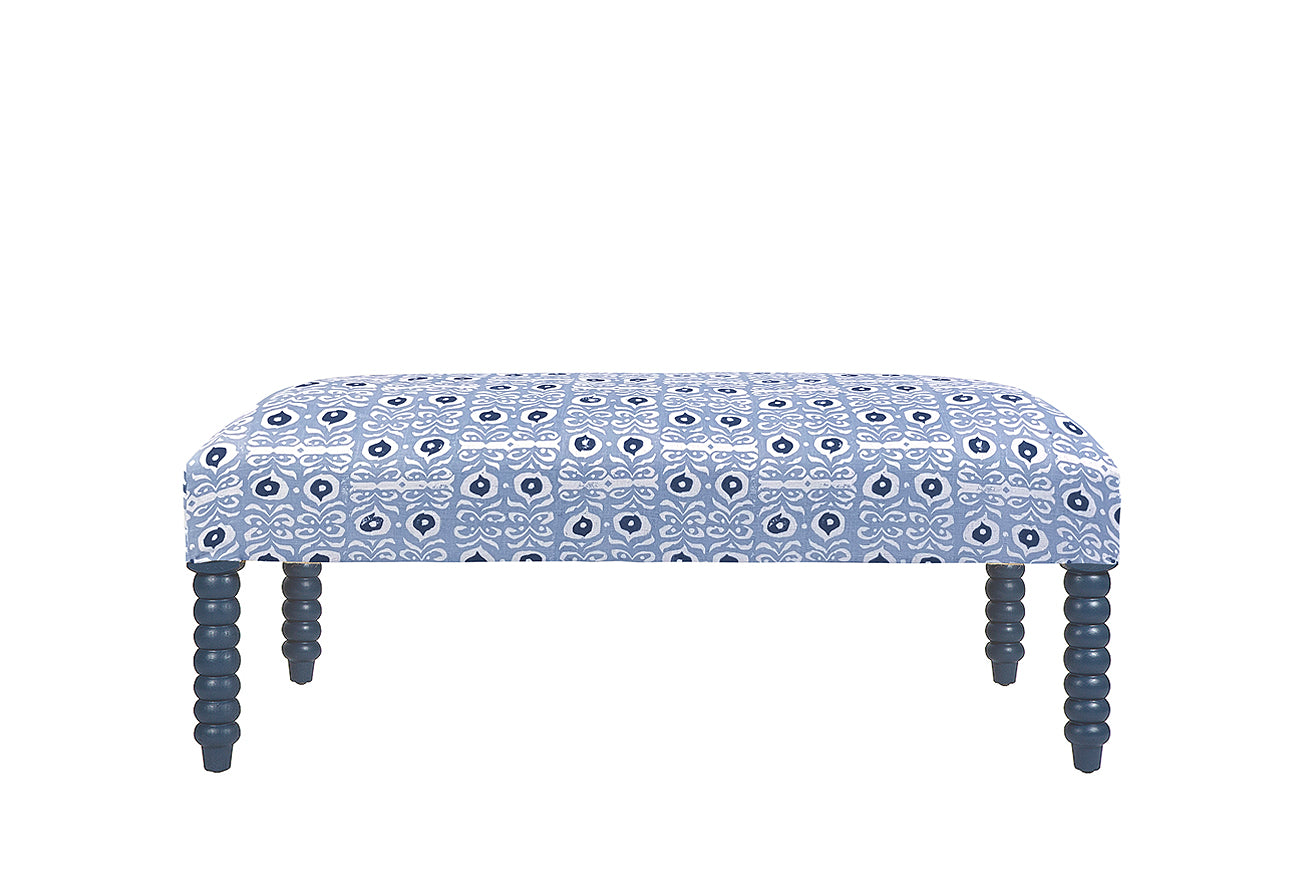 David Seyfried Bobbin Leg Stool in Rapture & Wright Iznik Mamluck Blue fabric with Farrow & Ball Hague Blue painted legs