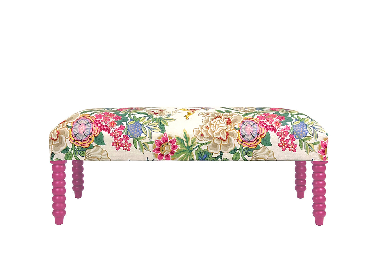 David Seyfried Bobbin Leg Stool in Sanderson Emperor Peony with Sanderson Wild Plum painted legs. Showroom Clearance.