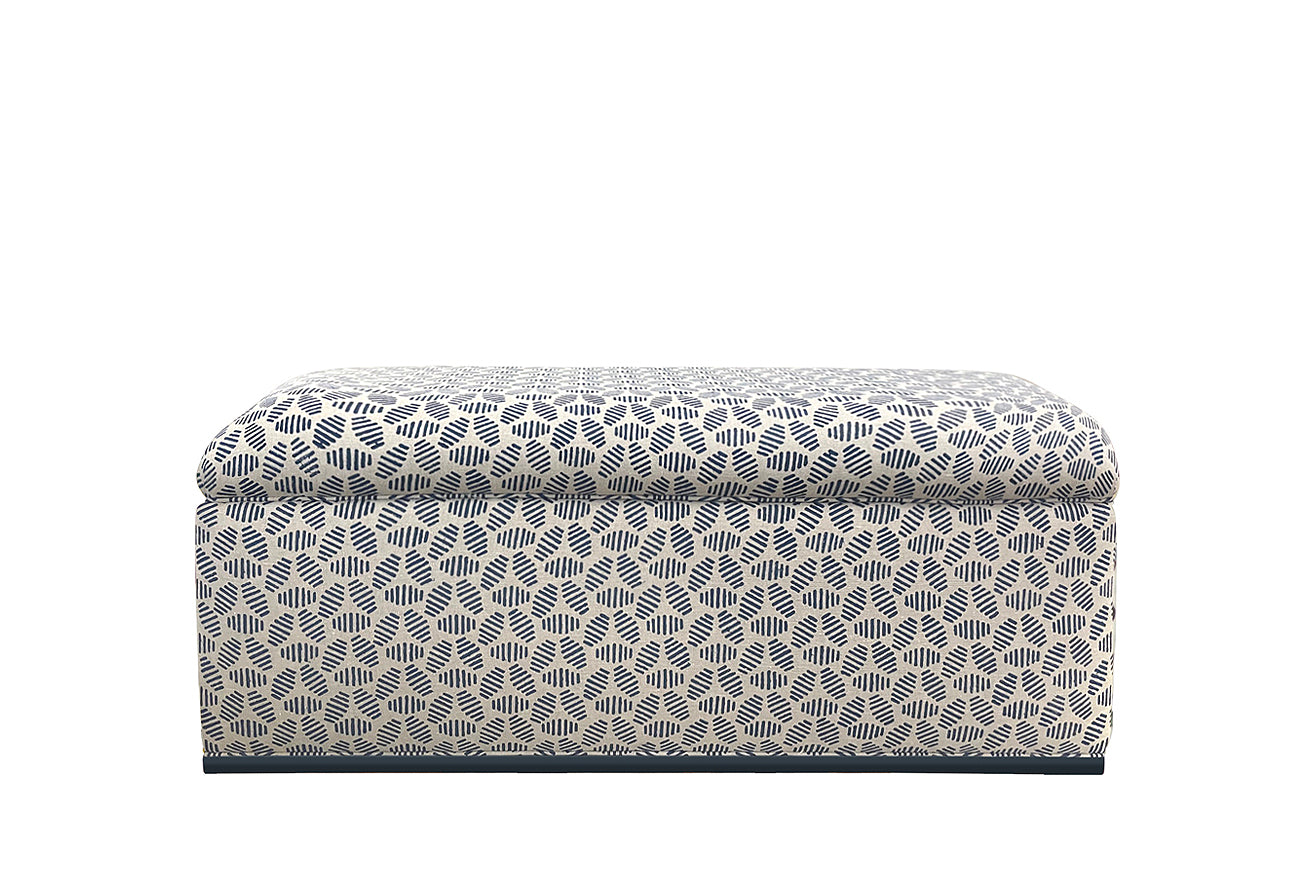 David Seyfried Box Ottoman on Frame Base in Bumble Bee Indigo fabric