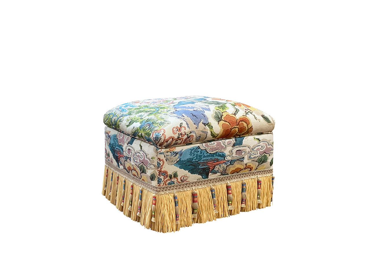 David Seyfried Box Stool on Frame Base in Jean Monro Amherst Handblock fabric
