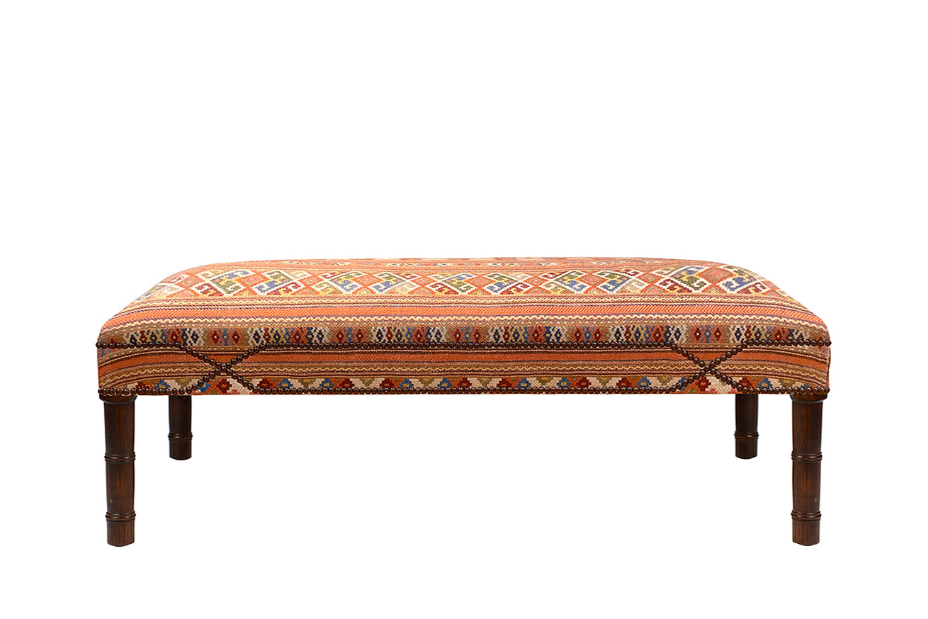David Seyfried Connaught Stool in Ian Sanderson Juni Stripe Terracotta fabric with antiqued brass crossover nailing