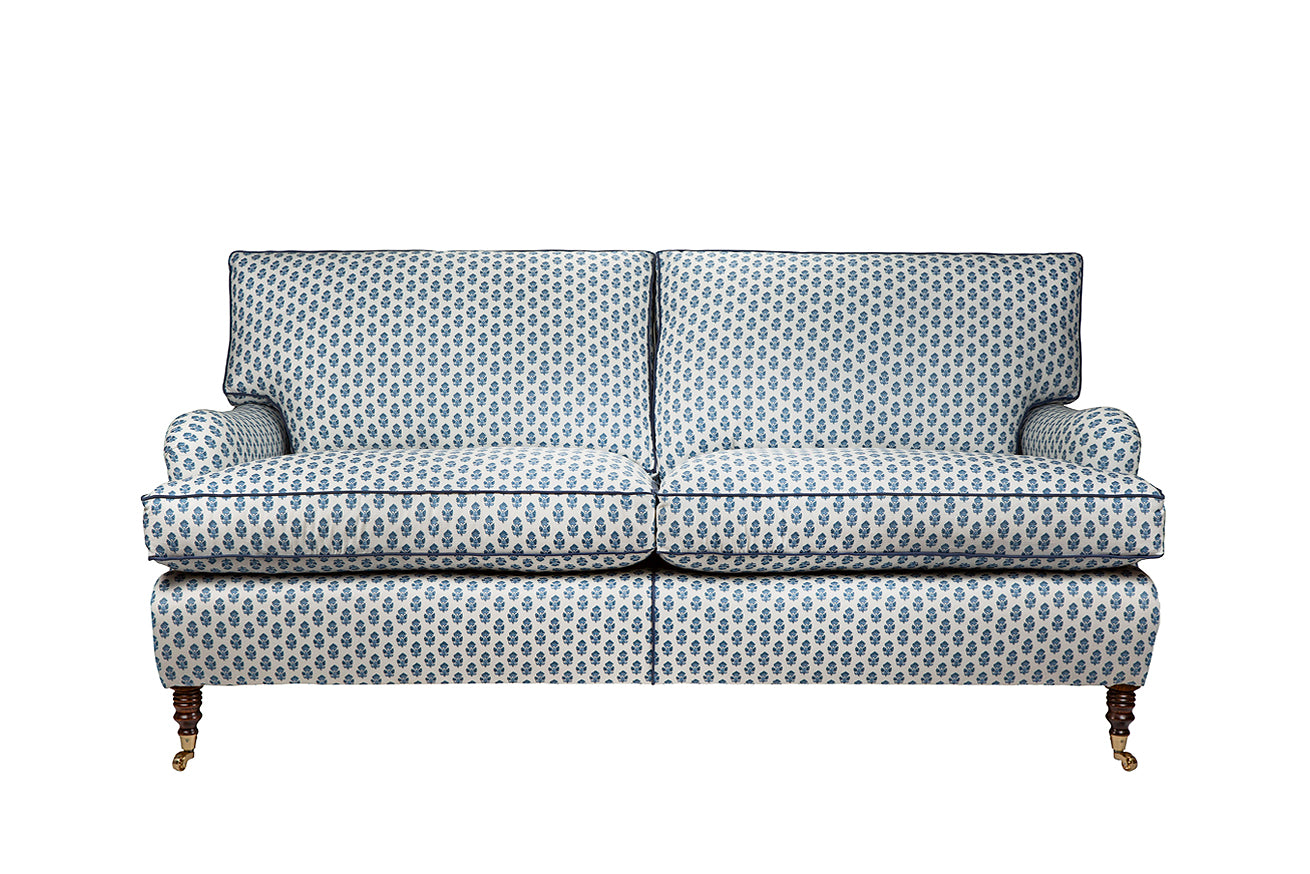 David Seyfried Eaton Sofa in Anna French Julien Blue fabric with Samuel & Sons Julienne Piping in Imperial
