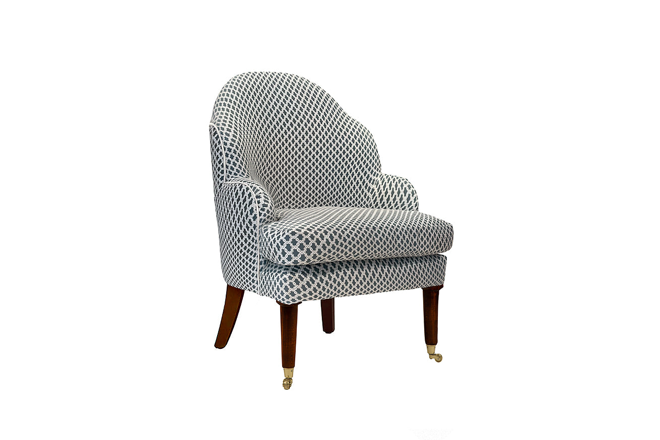 David Seyfried Editors Chair in James Hare AsscherBlue Haze fabric with James Hare Chelsea Parchment piping. Showroom Clearance.