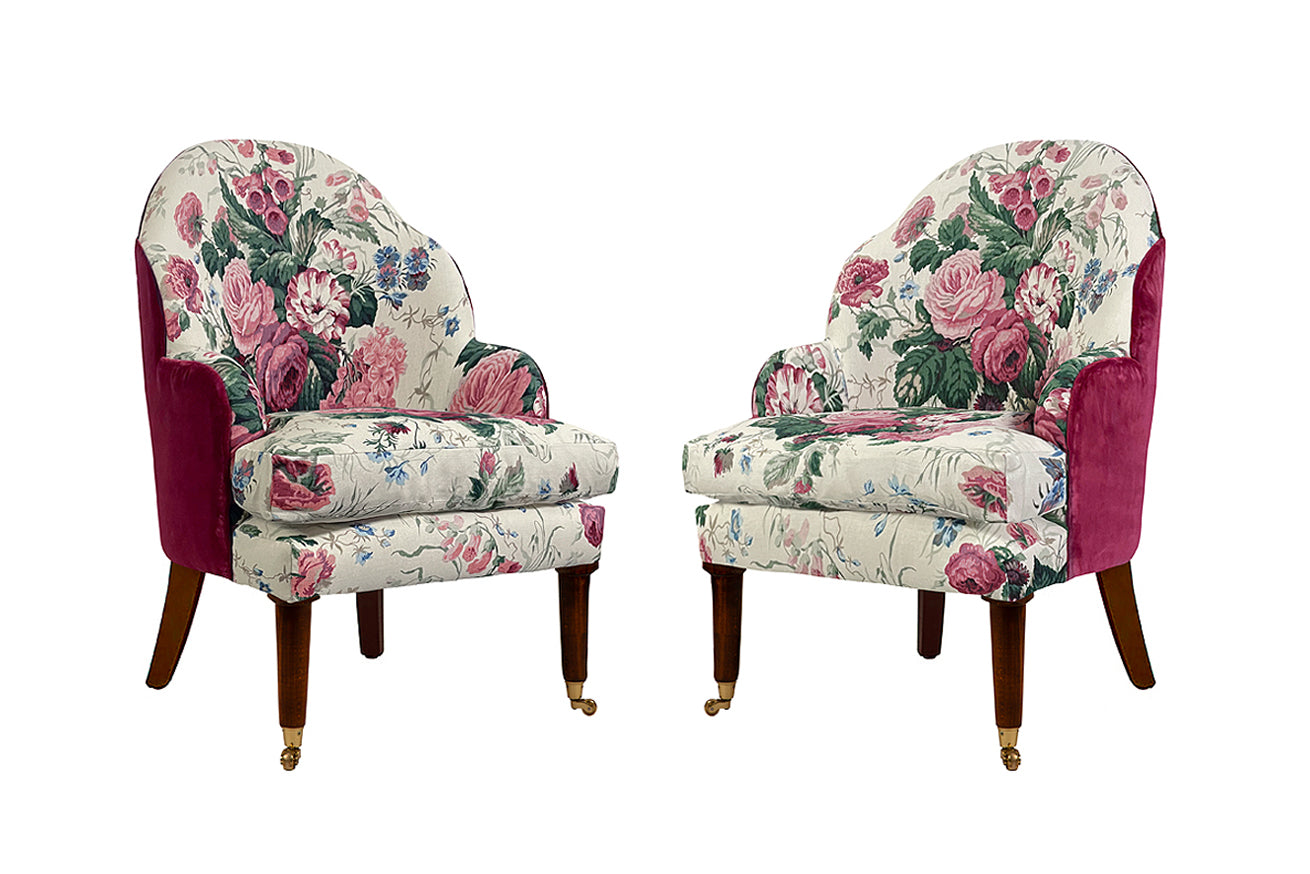 David Seyfried Editor's Chairs in Sanderson Stapleton Park Cream/Pink fabric and burgundy velvet. Showroom Clearance.