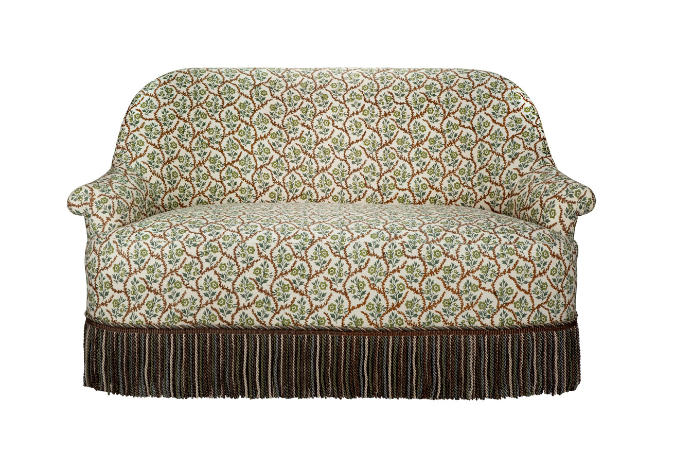 David Seyfried Grosvenor Sofa in Namay Samay Alga Chestnut fabric with Samuel & Sons Margaux Aubergine Bullion Fringe. Showroom Clearance