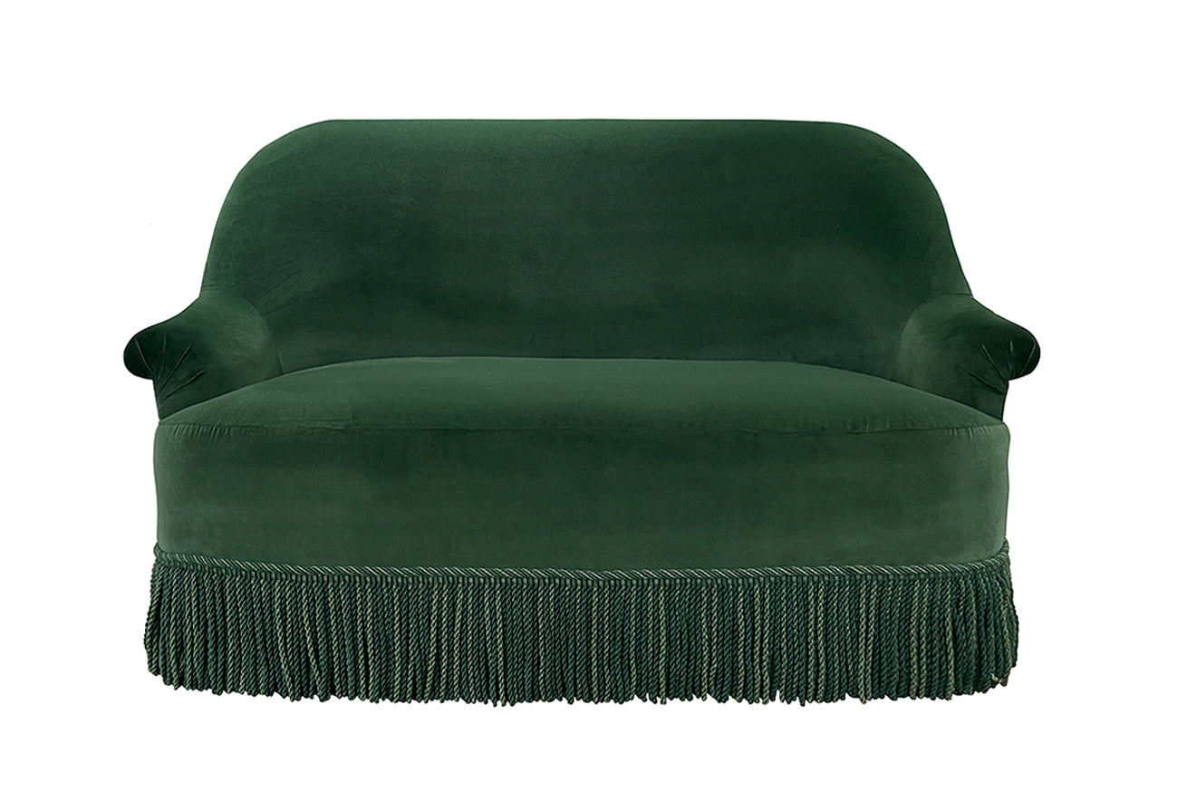 David Seyfried Grosvenor Sofa in Turnell & Gigon Oakley Verdant Green velvet with Les Passementeries de l'Île de France bullion fringe. Showroom Clearance