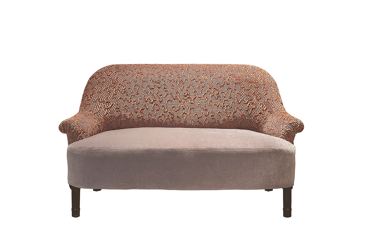 David Seyfried Grosvenor sofa in Zoffany Domino Velvet Amber and Mohair Mink fabrics