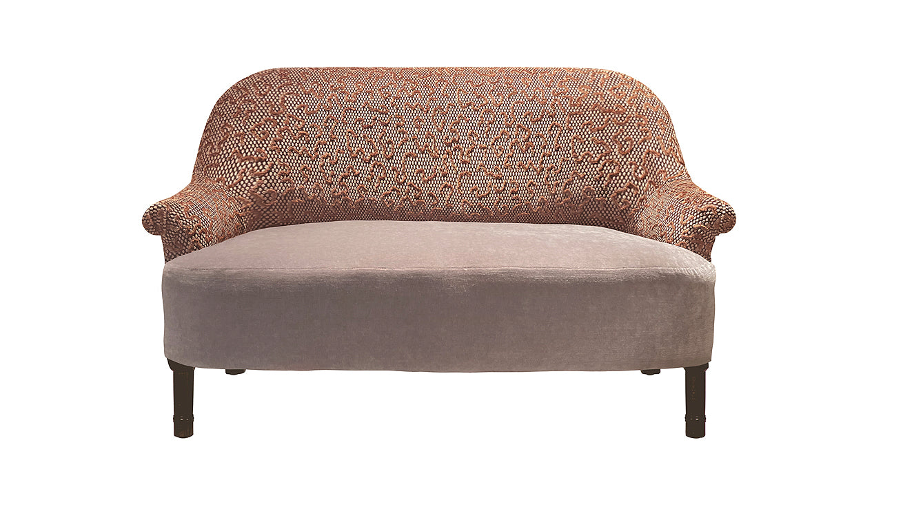 David Seyfried Grosvenor sofa in Zoffany Domino Velvet Amber and Mohair Mink fabrics