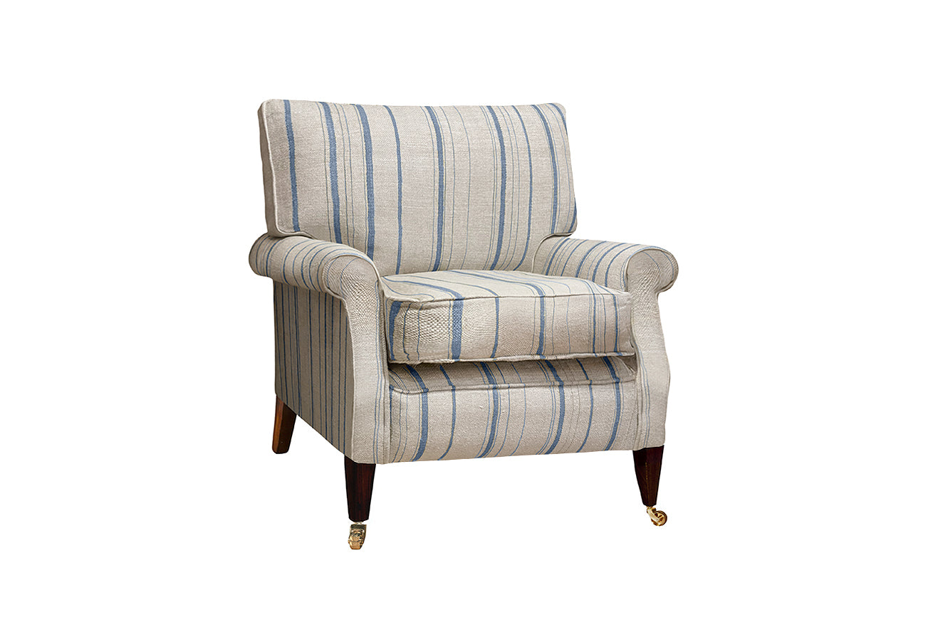 David Seyfried Halkin Chair in Fermoie Carskiey Single Stripe CARS-045 fabric. Showroom Clearance.