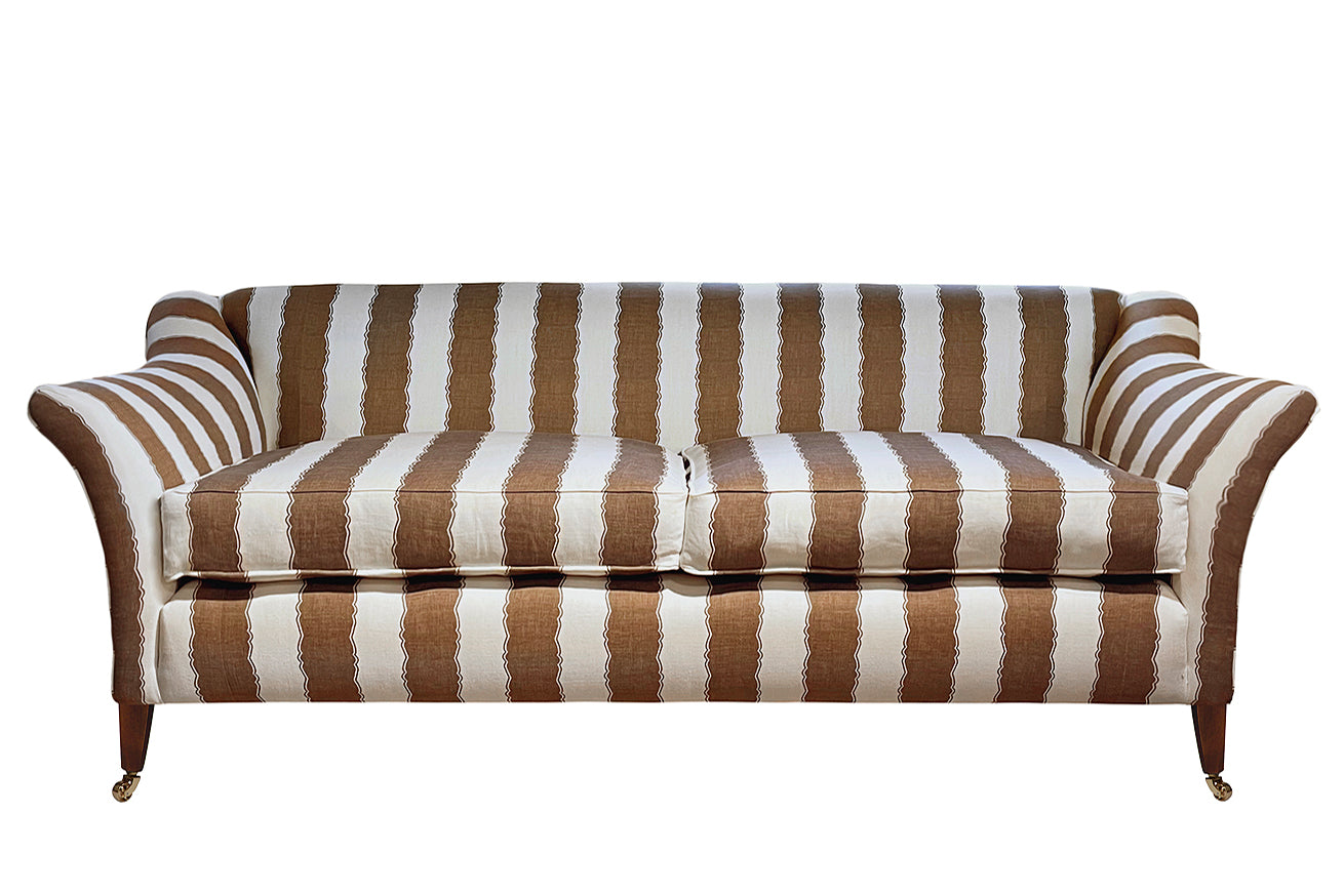 David Seyfried Harrington Grand Sofa in Nicky Haslam Balcony Stripe Unearthly Brown fabric