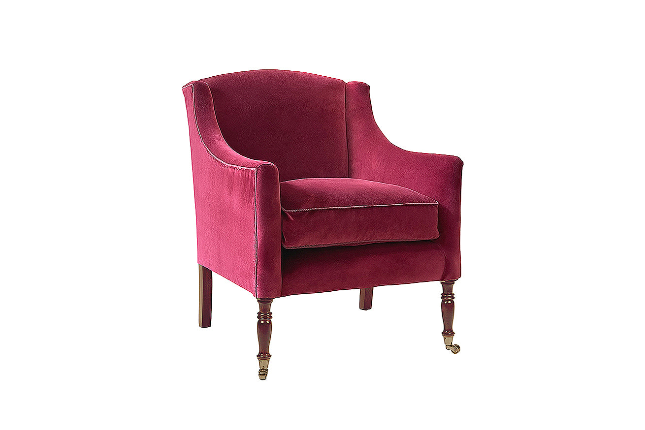 David Seyfried Lonsdale Chair in Turnell & Gigon Oakley Raspberry Red velvet with Les Passementeries de l'Île de France flanged cord