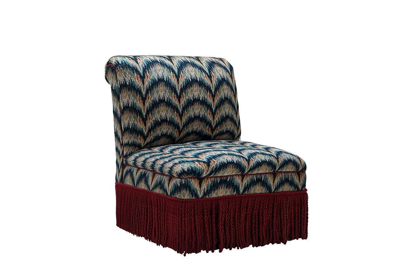 David Seyfried Phillimore Chair in Patrick Gallagher Festoni Dazzling Riviera fabric with Les Passementeries de l'Île de France flanged cord & speciale bullion fringe. Showroom Clearance.