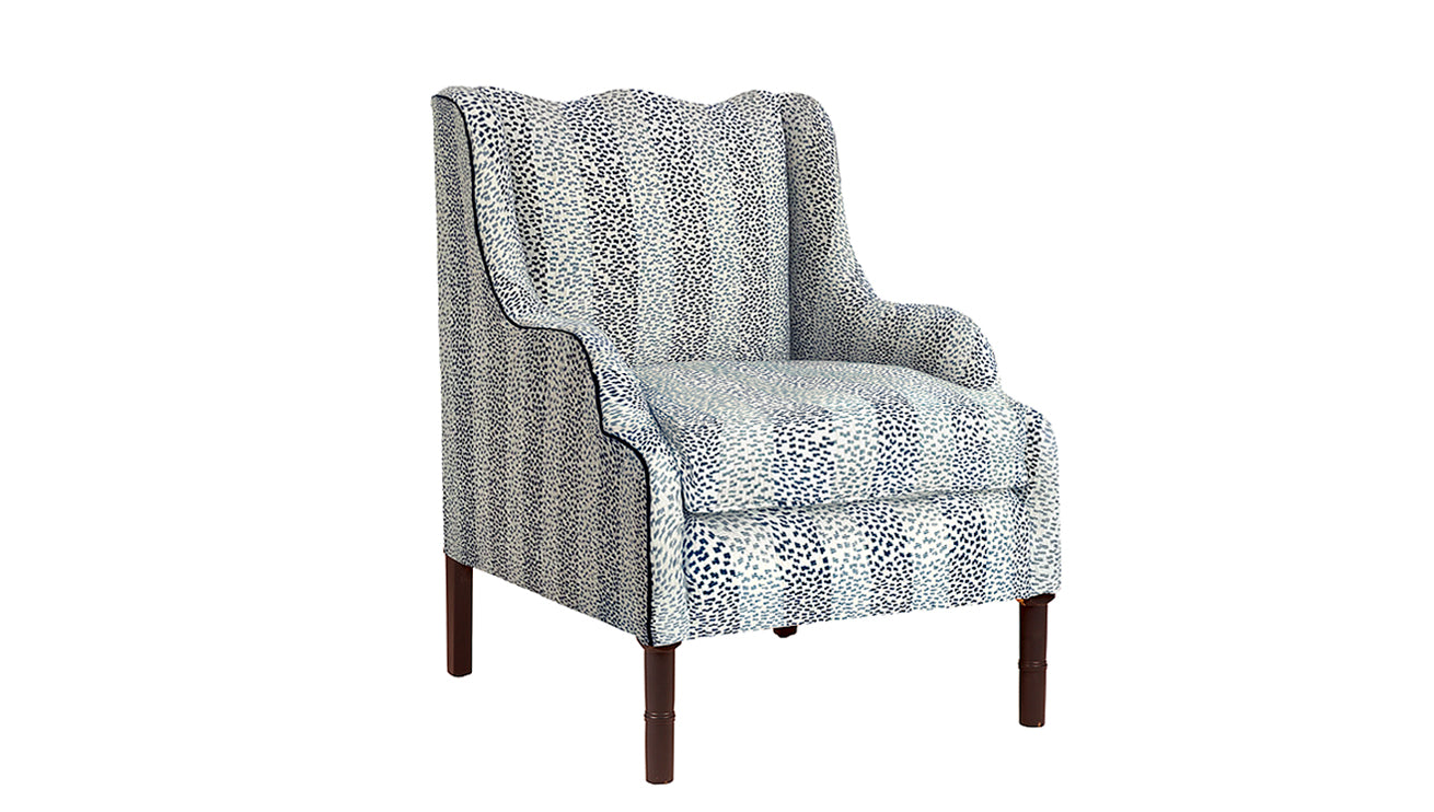 David Seyfried Ripple Chair (Large) in Stroheim Bharati 02 fabric with Samuel & Sons Lapis Swiss Velvet Piping. Showroom Clearance