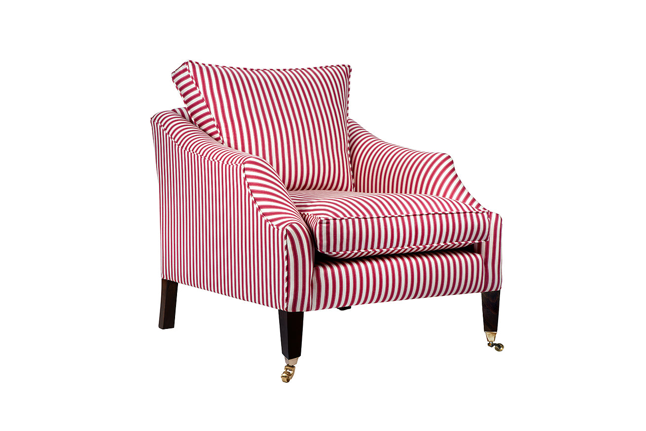 David Seyfried Rochester Chair in Sanderson Pinetum Stripe Mulberry fabric