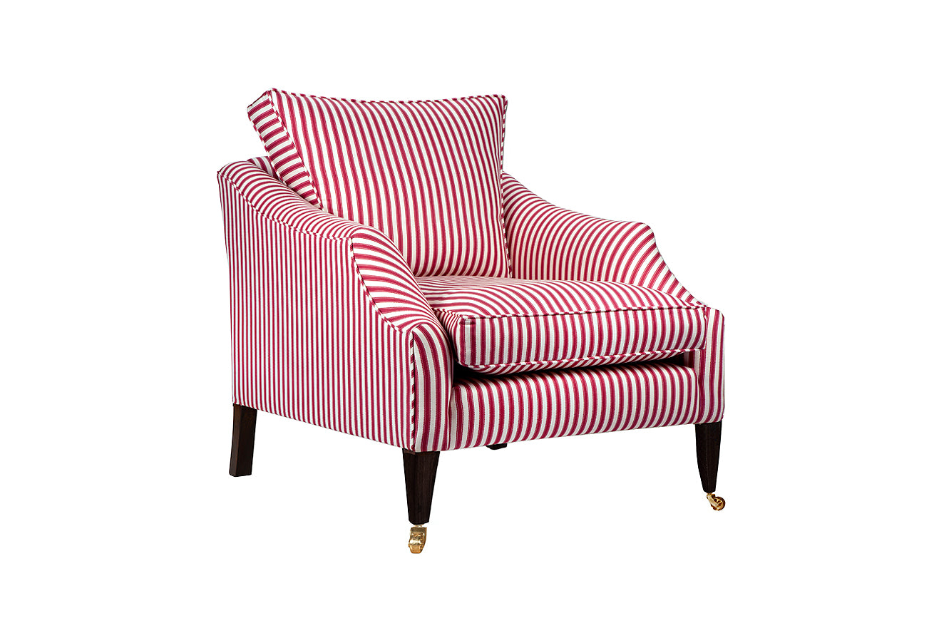 David Seyfried Rochester Chair in Sanderson Pinetum Stripe Mulberry fabric