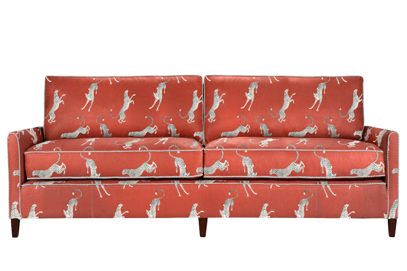 David Seyfried Sanford 3 seater sofa in Altfield Bagheera Chili fabric with Romo Stripe piping. Showroom clearance