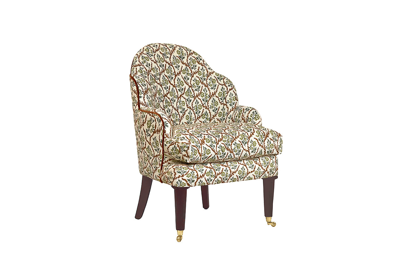 David Seyfried Editors Chairs (Large) in Namay Samay Alga Chestnut fabric with Manuel Canovas Rivoli Cuivre velvet piping.