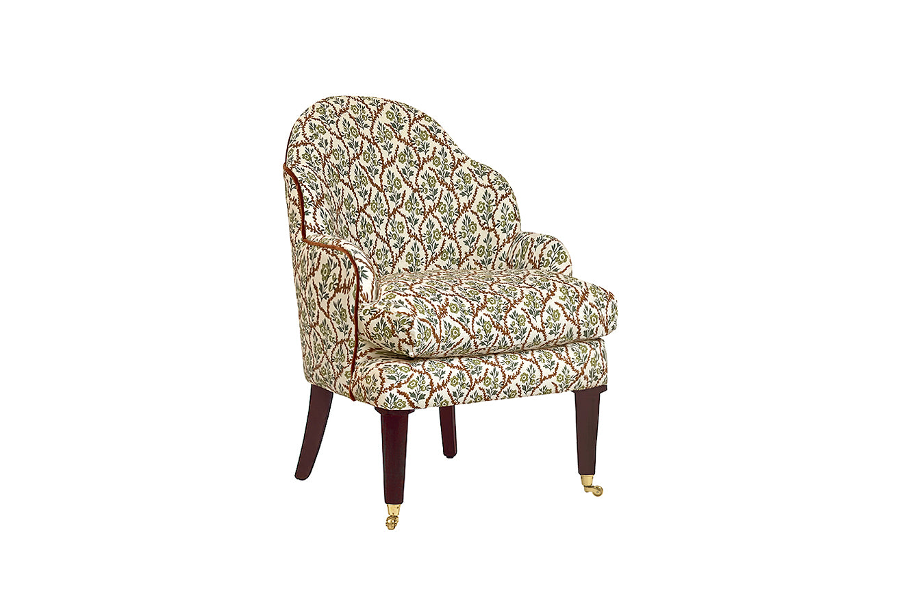 David Seyfried Editors Chairs (Large) in Namay Samay Alga Chestnut fabric with Manuel Canovas Rivoli Cuivre velvet piping.