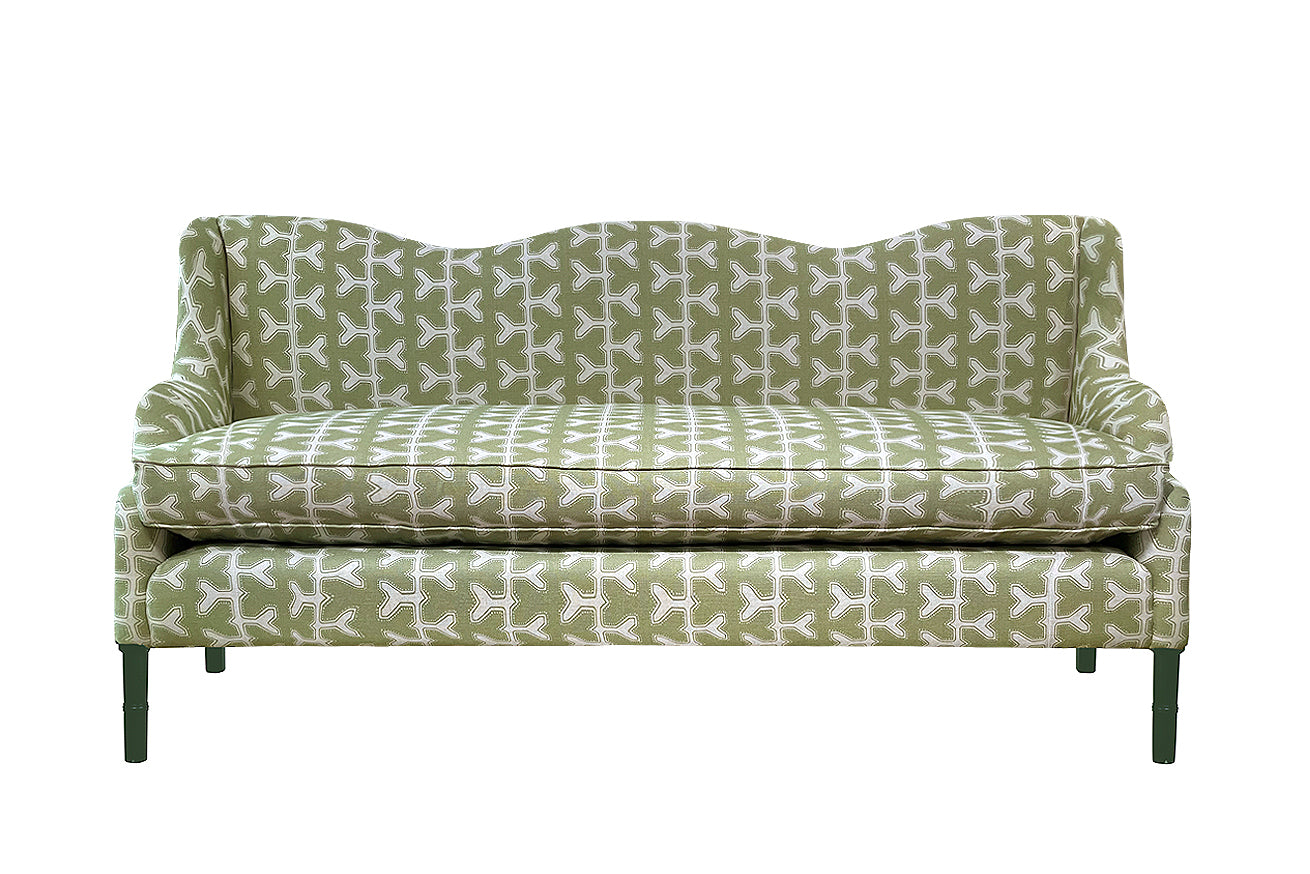 David Seyfried Wave Sofa in Studio Humbug Meander Pickle with Farrow & Ball Beverley painted legs. Showroom Clearance