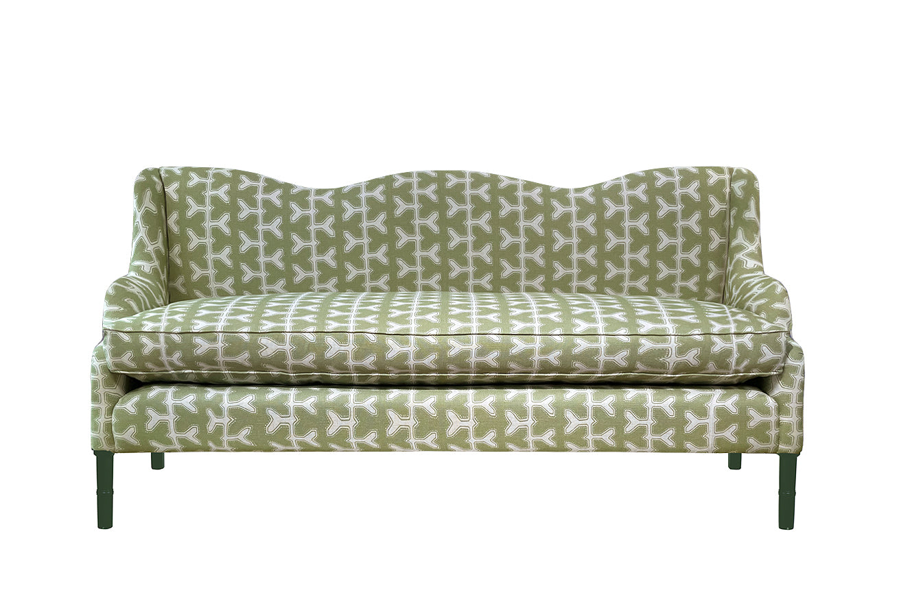 David Seyfried Wave sofa in Studio Humbug Meander Pickle with Farrow & Ball Beverley painted legs