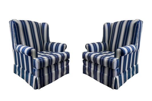 David Seyfried Wing chairs in C&C Milano Arsene Ivory/Ultramarine fabric. Showroom Clearance.