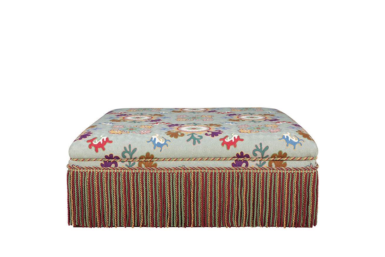 David Seyfried Box Ottoman on Frame Base with fringe