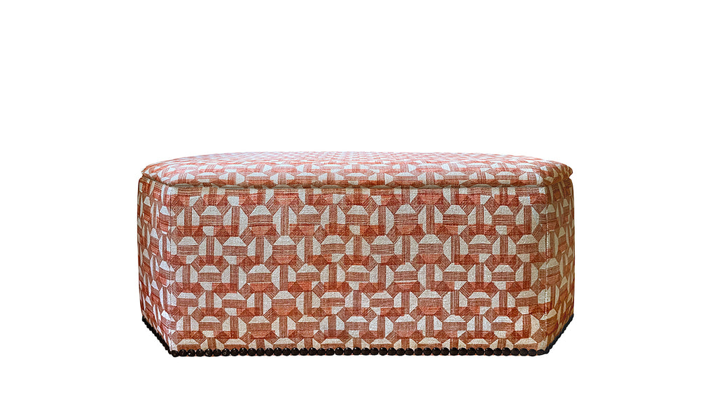 David Seyfried Arlington Stool in Fermoie Salina 002 fabric with Fermoie Tara 011 fabric lining a single row of large antiqued nails around base. Showroom Clearance
