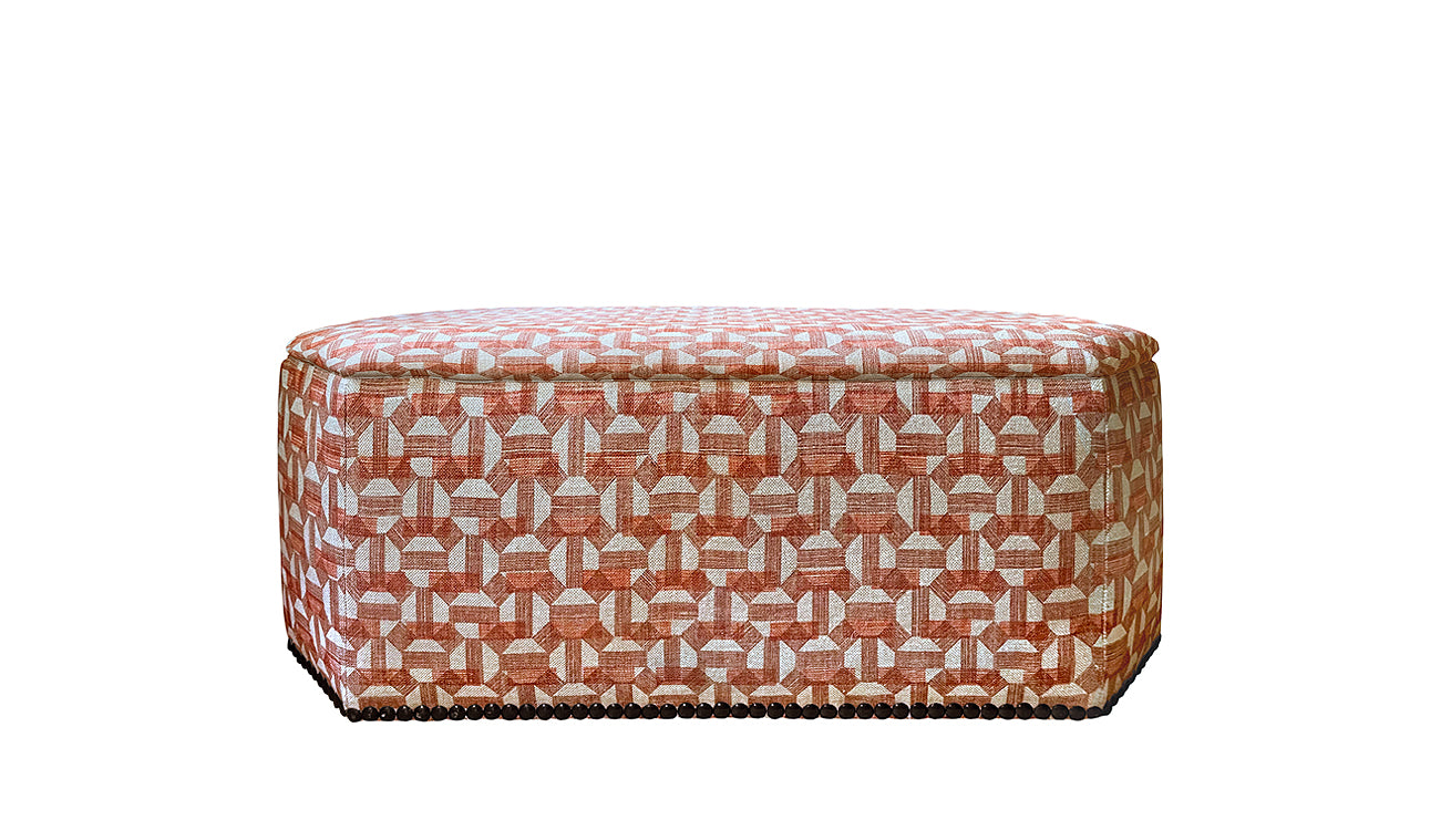 David Seyfried Arlington Stool in Fermoie Salina 002 fabric with Fermoie Tara 011 fabric lining a single row of large antiqued nails around base. Showroom Clearance
