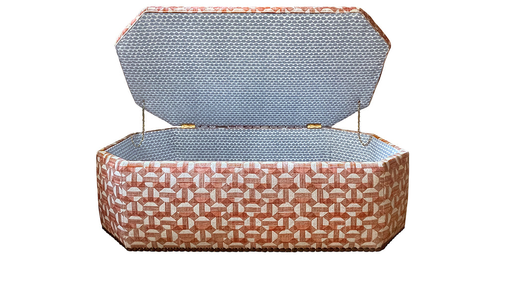 David Seyfried Arlington Stool in Fermoie Salina 002 fabric with Fermoie Tara 011 fabric lining a single row of large antiqued nails around base. Shown with lid open. Showroom Clearance
