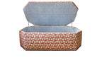David Seyfried Arlington Stool in Fermoie Salina 002 fabric with Fermoie Tara 011 fabric lining a single row of large antiqued nails around base. Shown with lid open. Showroom Clearance