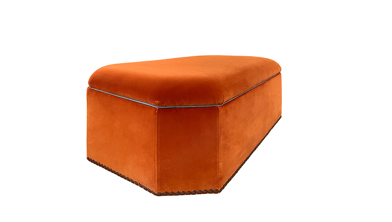 David Seyfried Arlington Stool in Manuel Canovas Rivoli Cuivre Velvet with James Hare Beauchamp Fontainbleu Velvet piping and a single row of large antiqued brass nails around base. Side view