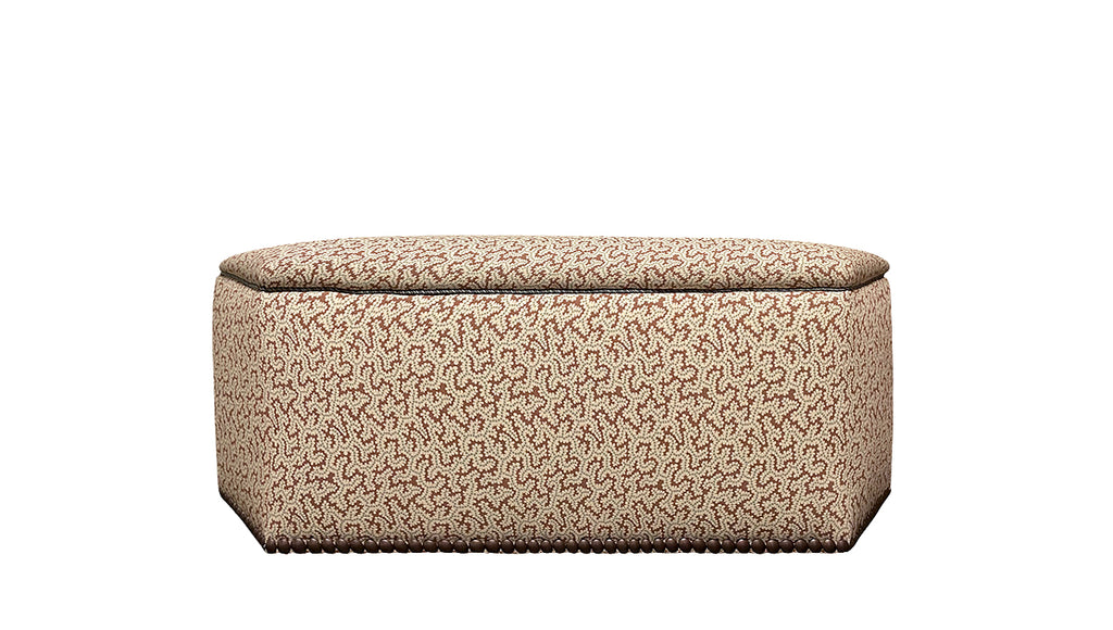 David Seyfried Arlington Stool in Ian Sanderson Elney Chocolate fabric and a single row of large antiqued brass nails around base