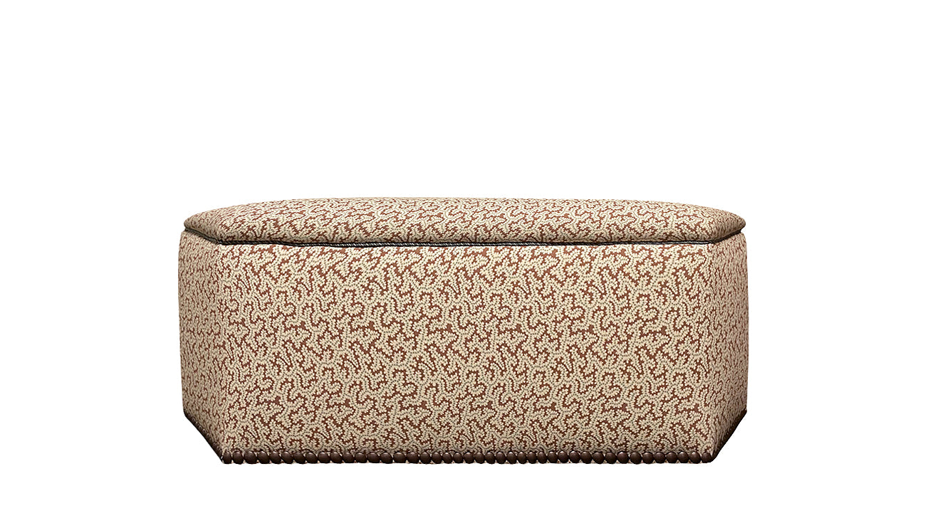 David Seyfried Arlington Stool in Ian Sanderson Elney Chocolate fabric and a single row of large antiqued brass nails around base