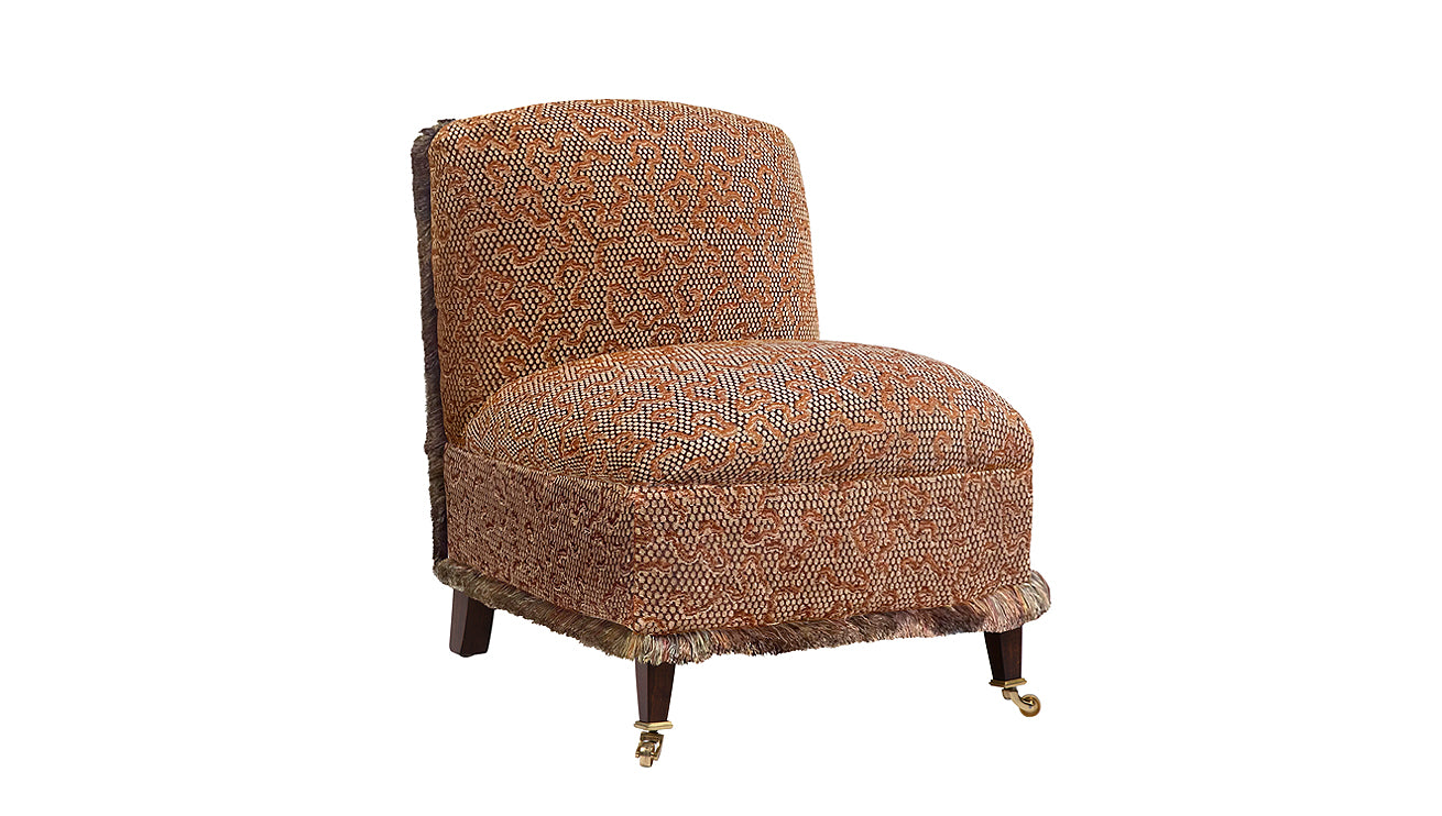 David Seyfried Astell Chair in Zoffany Domino Amber Velvet with Samuel & Sons Aurelia Jewel Brush Fringe. Showroom Clearance 