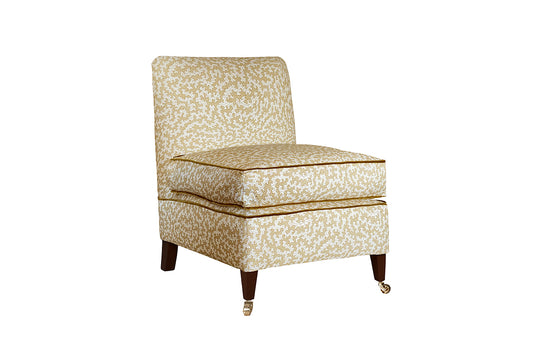 David Seyfried Belgrave Chair in Sanderson Truffle Wheat fabric with Zoffany Cotton Velvet Camel piping. Showroom Clearance.