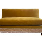 David Belgrave Sofa in James Hare Beauchamp Ochre Velvet with Panthera Harvest Gold Braid and Almond Brush Fringe. Showroom Clearance