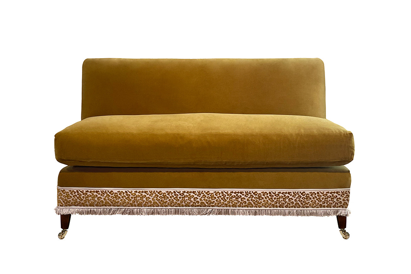 David Belgrave Sofa in James Hare Beauchamp Ochre Velvet with Panthera Harvest Gold Braid and Almond Brush Fringe. Showroom Clearance