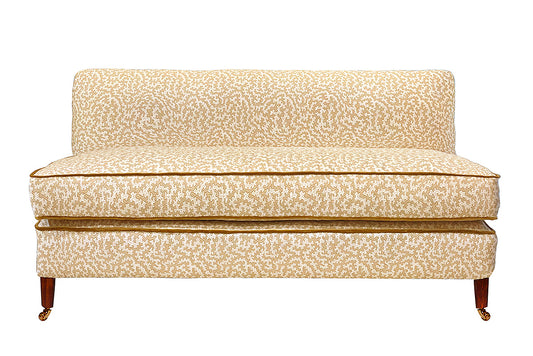 David Seyfried Belgrave 2.5 Seater Sofa in In Sanderson Truffle Wheat fabric with Zoffany Cotton Velvet Camel piping. Showroom Clearance