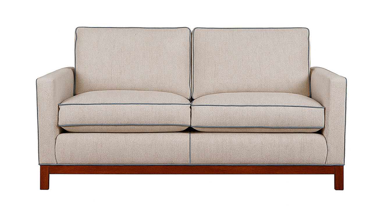 David Seyfried Berkeley Sofa in Turnell & Gigon Natural Linen with Blue Grey Linen contrast piping. Showroom Clearance