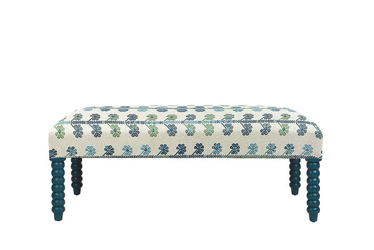 David Seyfried Bobbin Leg Stool in Casa Lopez Coup de Chance Blue Green fabric with Little Greene Goblin painted legs. Showroom Clearance.