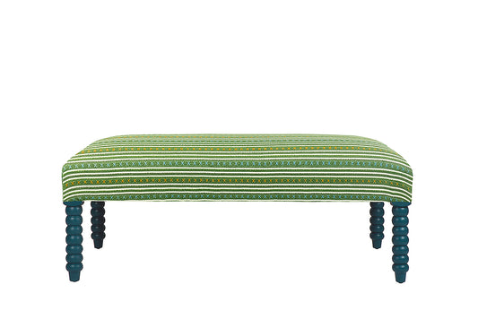 David Seyfried Bobbin Leg Stool in Christopher Farr Criss Cross Green fabric with Little Greene Goblin painted legs. Showroom Clearance.