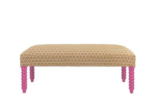 David Seyfried Bobbin Leg Stool in Colefax & Fowler Woodberry Gold with Sanderson Wild Plum painted legs. Showroom Clearance.