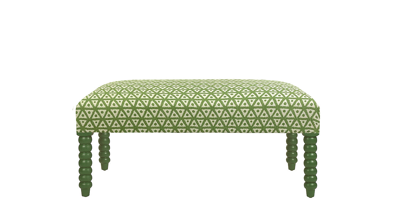 David Seyfried Bobbin Leg Stool in Fleurons d’Hélène Zimba Arugula with Little Green Hopper painted legs. Showroom Clearance