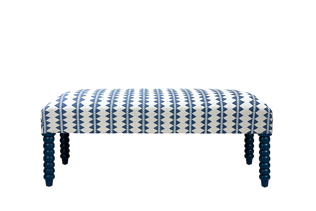 David Seyfried Bobbin Leg Stooll
 in Thibaut Reno Stripe Navy with Zoffany Como Blue painted legs. Showroom Clearance.